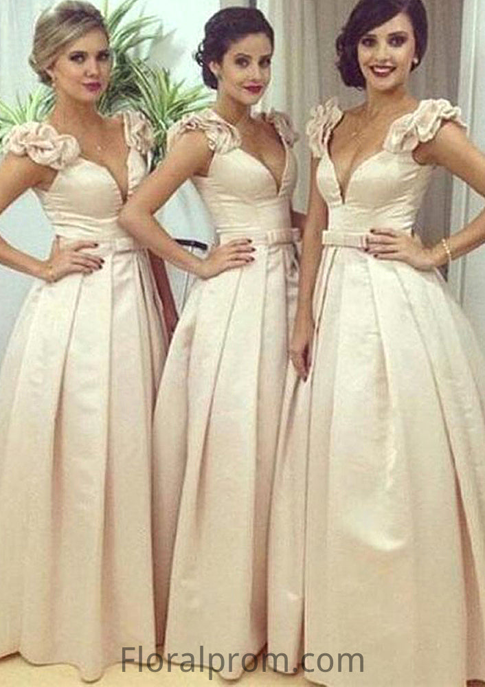 Sleeveless V Neck Long/Floor-Length A-line/Princess Satin Bridesmaid Dresseses With Pleated Waistband Piper HJP0025536