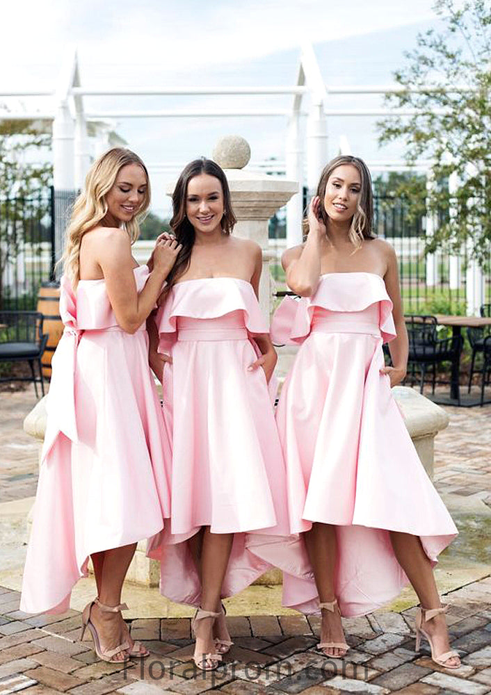 Sleeveless Strapless Asymmetrical A-line/Princess Satin Bridesmaid Dresseses With Bowknot Ruffles Macie HJP0025539