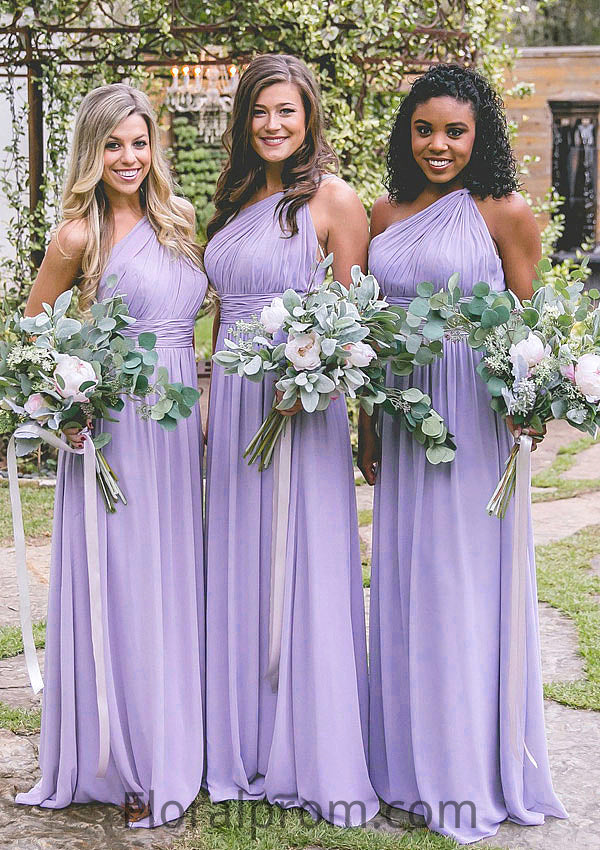 One-Shoulder A-Line/Princess Long/Floor-Length Chiffon Bridesmaid Dresses With Pleated Lydia HJP0025544