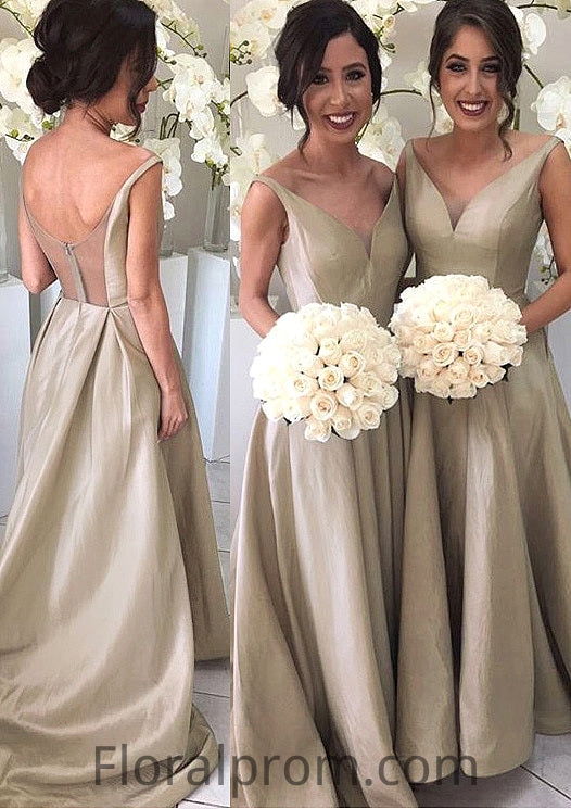 A-Line/Princess Sleeveless V-Neck Zipper Sweep Train Taffeta Bridesmaid Dresses Destinee HJP0025548