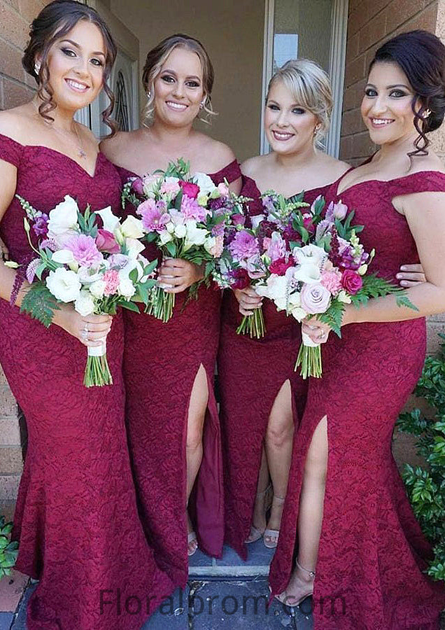 Sleeveless Off-the-Shoulder Long/Floor-Length Trumpet/Mermaid Lace Bridesmaid Dresseses With Split Tracy HJP0025562