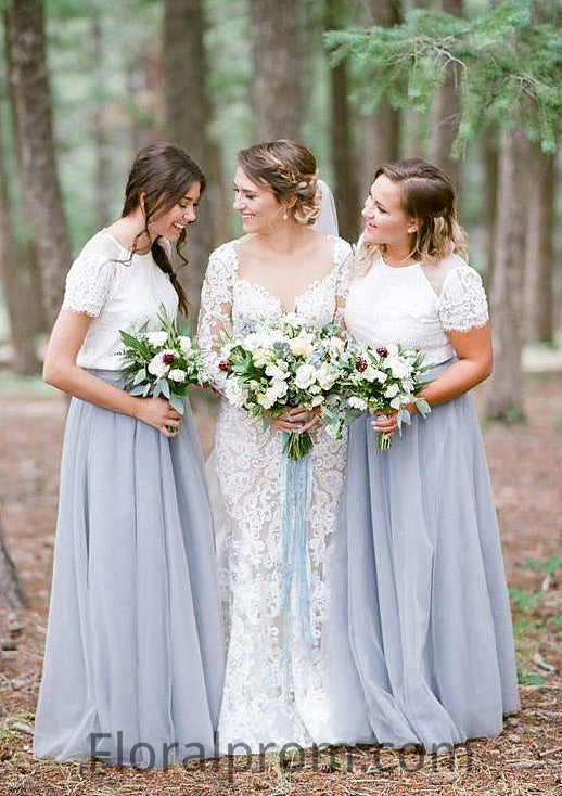 Short Sleeve Scoop Neck Long/Floor-Length A-line/Princess Tulle Bridesmaid Dresseses With Lace Roselyn HJP0025563