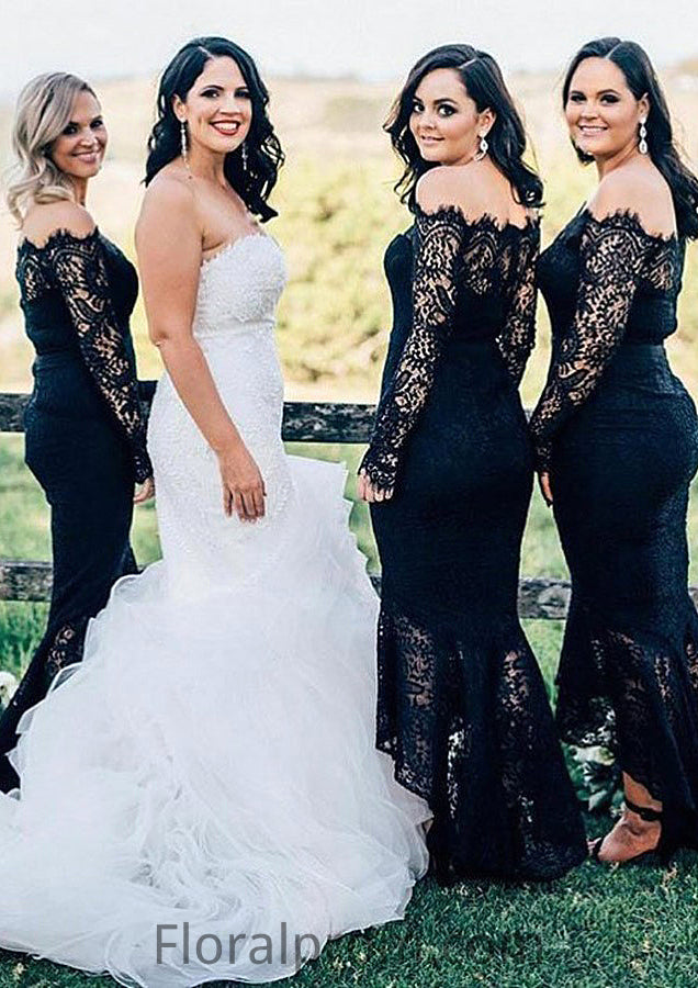 Off-the-Shoulder Full/Long Sleeve Asymmetrical Trumpet/Mermaid Lace Bridesmaid Dresseses Lilliana HJP0025566