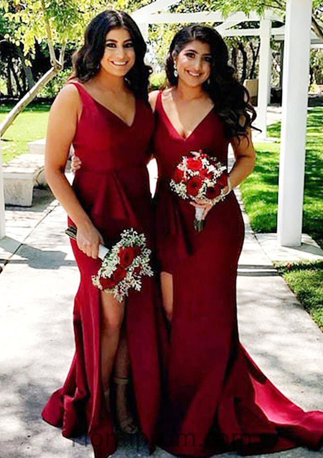 Sleeveless V Neck Court Train Sheath/Column Elastic Satin Bridesmaid Dresseses With Split Caitlyn HJP0025567