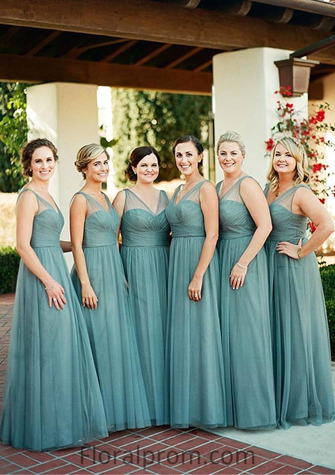 Sleeveless V Neck Tulle Long/Floor-Length A-line/Princess Bridesmaid Dresseses With Pleated Adalyn HJP0025578