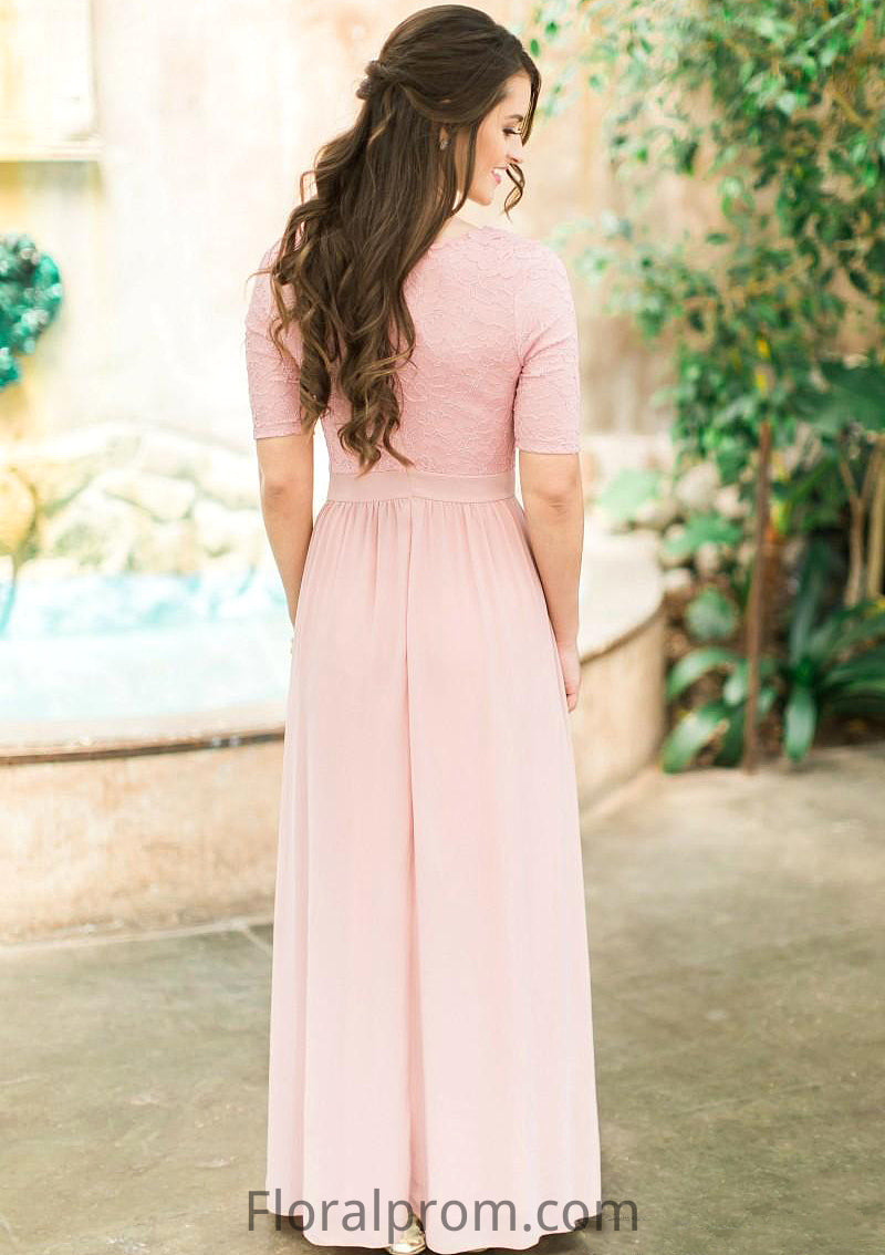 Scoop Neck Short Sleeve Ankle-Length A-line/Princess Chiffon Bridesmaid Dresses With Lace Pleated Phoenix HJP0025580