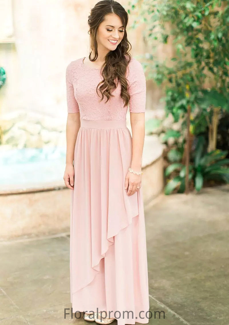 Scoop Neck Short Sleeve Ankle-Length A-line/Princess Chiffon Bridesmaid Dresses With Lace Pleated Phoenix HJP0025580