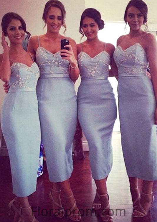 Sleeveless V Neck Tea-Length Sheath/Column Elastic Satin Bridesmaid Dresseses With Appliqued Isla HJP0025581