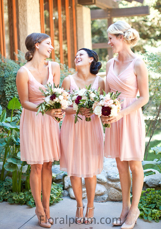 Sleeveless V Neck Short/Mini Chiffon A-line/Princess Bridesmaid Dresseses With Pleated Lorelai HJP0025585