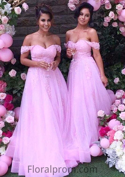 Sleeveless Off-the-Shoulder Long/Floor-Length Tulle A-line/Princess Bridesmaid Dresseses With Lace Lina HJP0025589