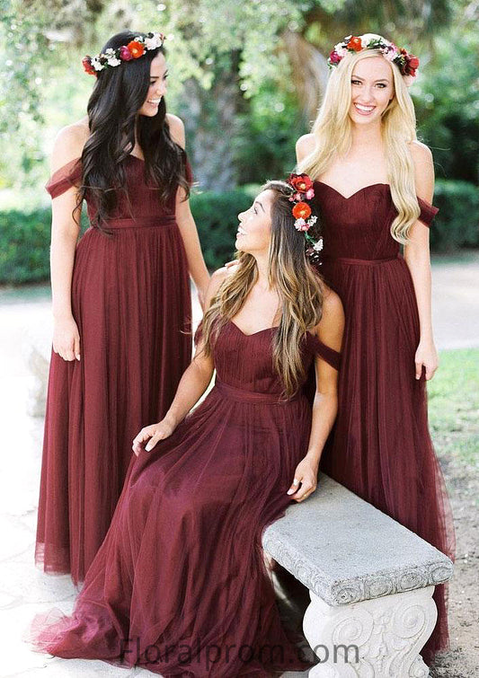 Sleeveless Off-the-Shoulder Long/Floor-Length Tulle A-line/Princess Bridesmaid Dresseses With Pleated Yasmine HJP0025591