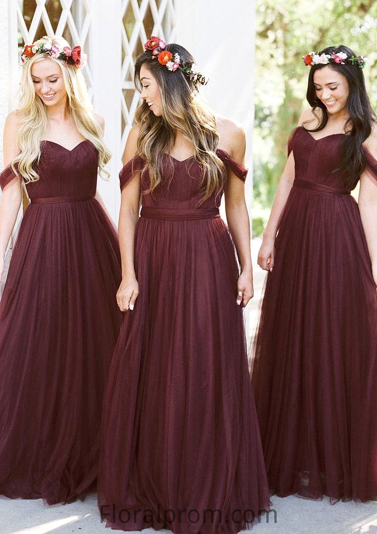 Sleeveless Off-the-Shoulder Long/Floor-Length Tulle A-line/Princess Bridesmaid Dresseses With Pleated Yasmine HJP0025591