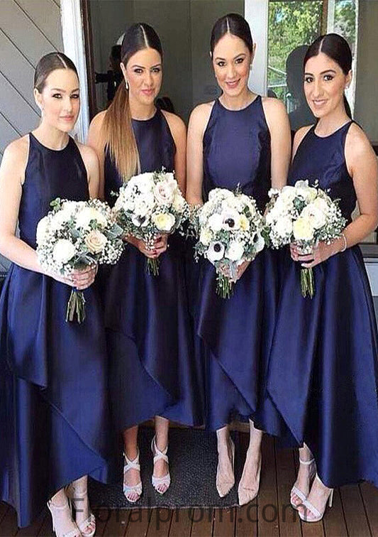 Scoop Neck Sleeveless Asymmetrical A-line/Princess Satin Bridesmaid Dresseses With Pleated Frida HJP0025599