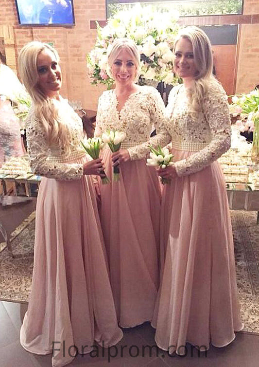 Full/Long Sleeve Scalloped Neck A-line/Princess Chiffon Long/Floor-Length Bridesmaid Dresseses With Beading Lace Jemima HJP0025602