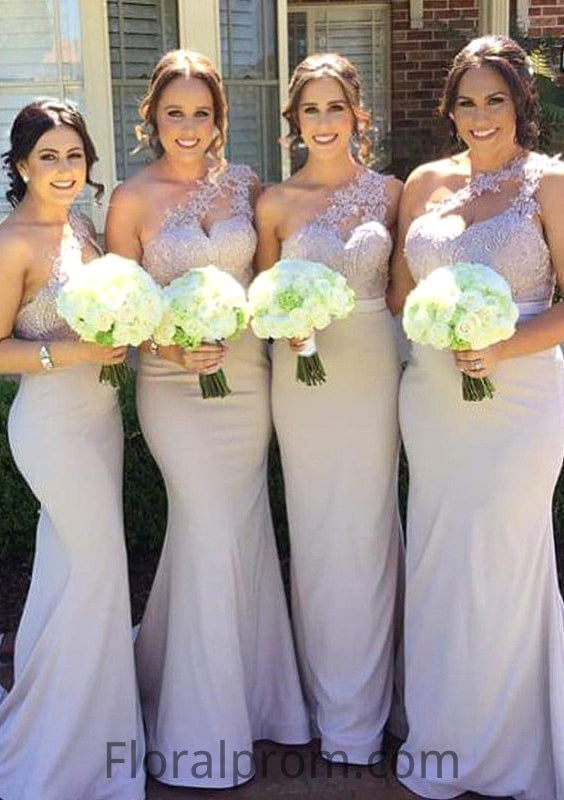 Sleeveless One-Shoulder Long/Floor-Length Trumpet/Mermaid Elastic Satin Bridesmaid Dresseses With Lace Mara HJP0025605