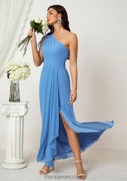 A-line One-Shoulder Sleeveless Chiffon Long/Floor-Length Bridesmaid Dresses With Pleated Split Greta HJP0025613