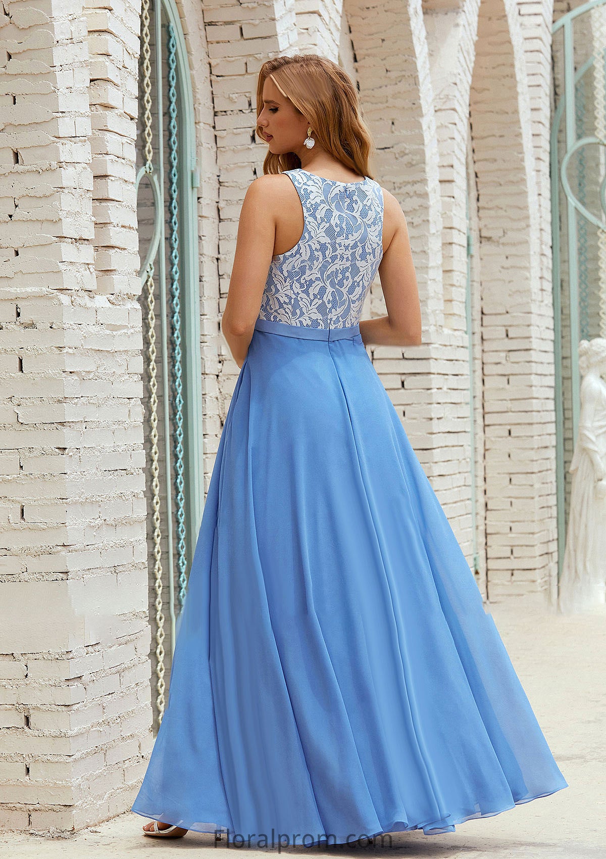 A-line Scoop Neck Sleeveless Chiffon Long/Floor-Length Bridesmaid Dresses With Pockets Lace Jaiden HJP0025616