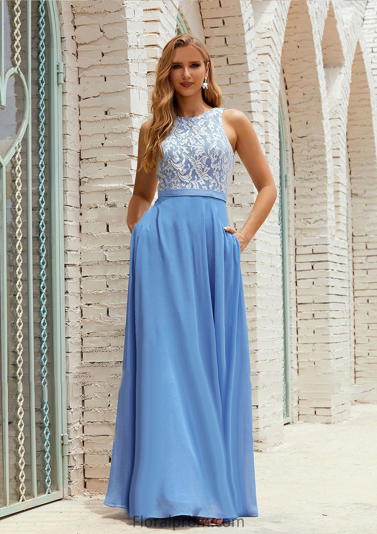 A-line Scoop Neck Sleeveless Chiffon Long/Floor-Length Bridesmaid Dresses With Pockets Lace Jaiden HJP0025616