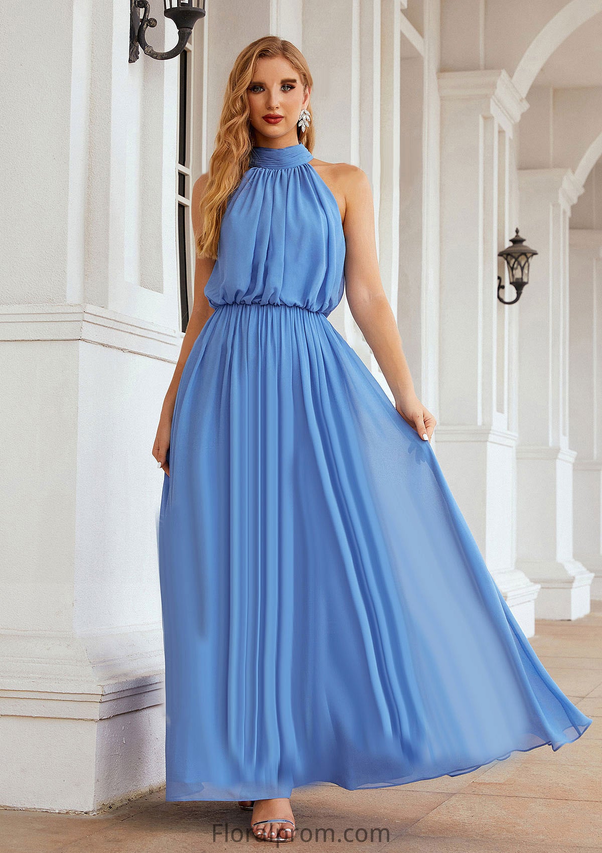 A-line Empire High-Neck Sleeveless Chiffon Long/Floor-Length Bridesmaid Dresses With Pleated Gracie HJP0025619