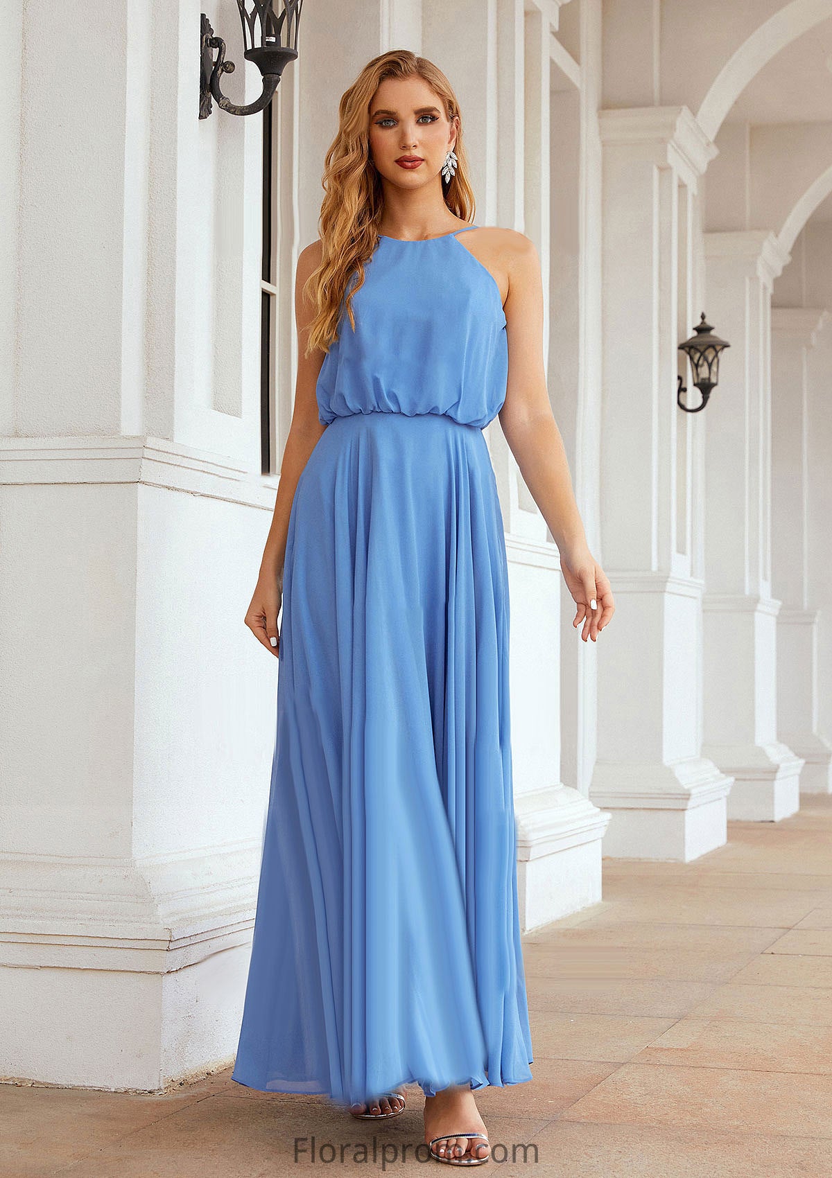 A-line Halter Sleeveless Chiffon Long/Floor-Length Bridesmaid Dresses With Pleated Karina HJP0025621