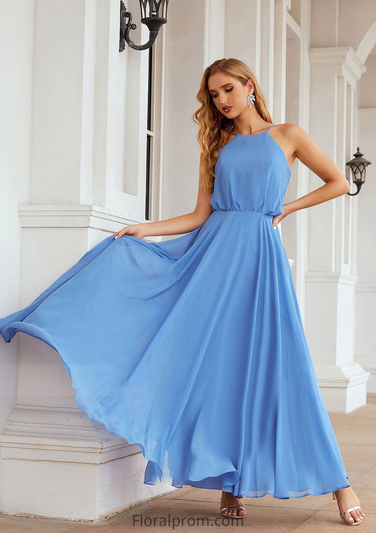 A-line Halter Sleeveless Chiffon Long/Floor-Length Bridesmaid Dresses With Pleated Karina HJP0025621