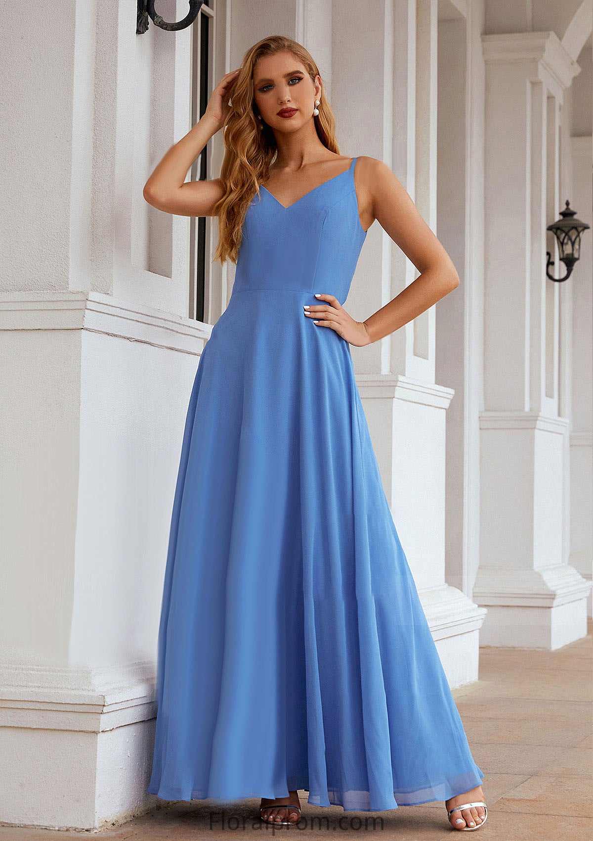 A-line Empire V Neck Long/Floor-Length Chiffon Bridesmaid Dresses With Pleated Hailie HJP0025624