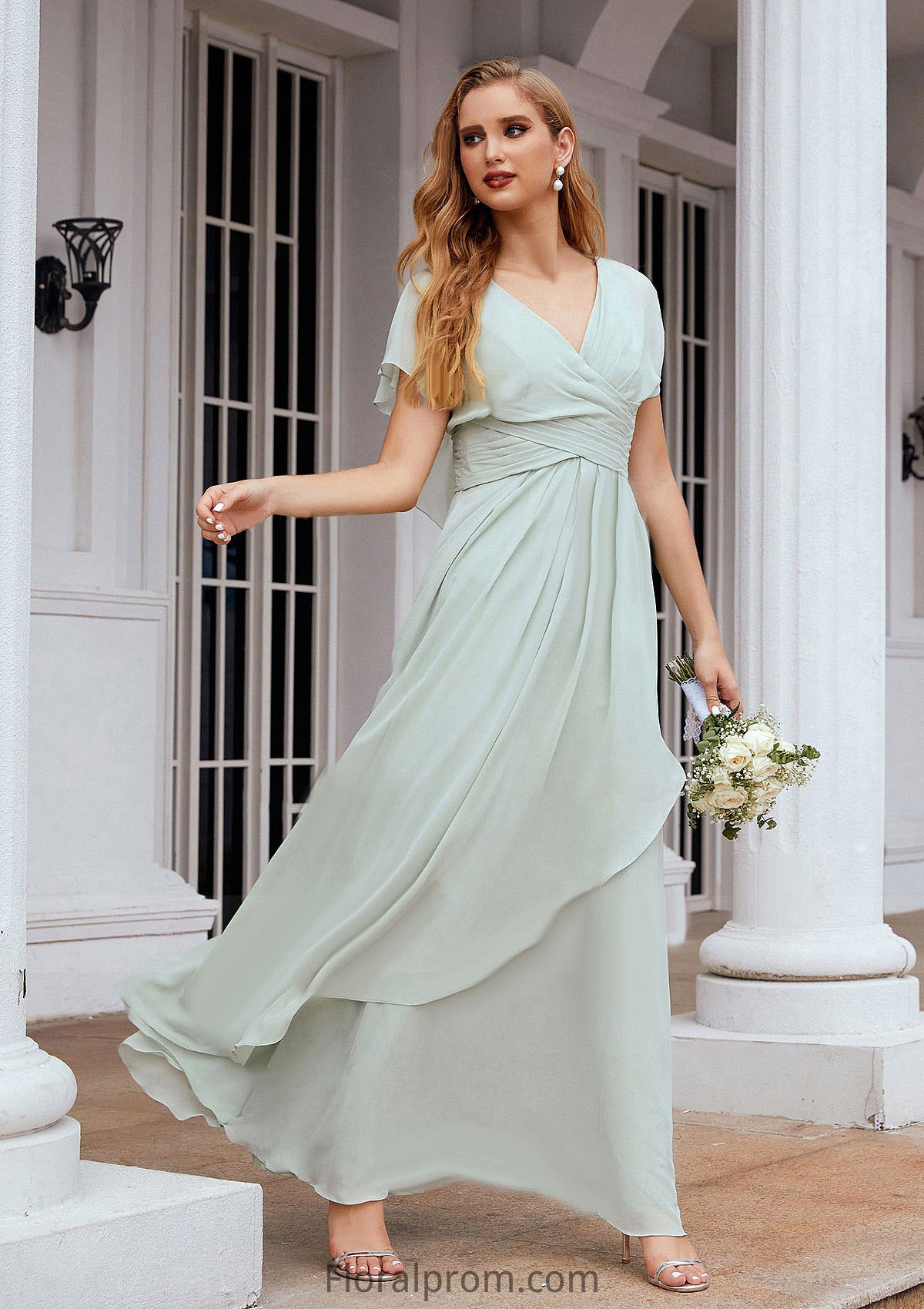 A-line V Neck Short Sleeve Chiffon Long/Floor-Length Bridesmaid Dresses With Pleated Ruffles Briley HJP0025626