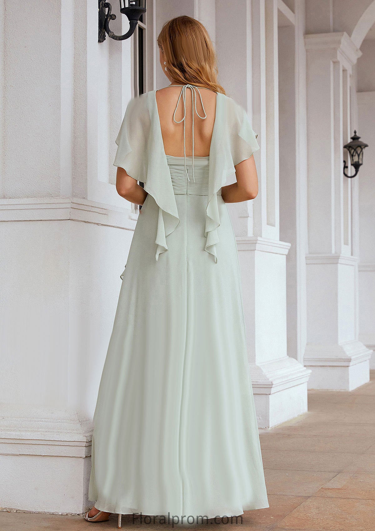 A-line V Neck Short Sleeve Chiffon Long/Floor-Length Bridesmaid Dresses With Pleated Ruffles Briley HJP0025626