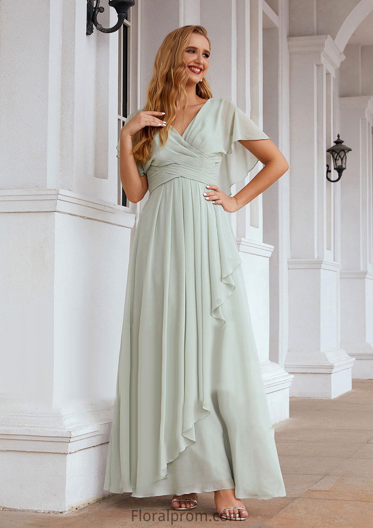 A-line V Neck Short Sleeve Chiffon Long/Floor-Length Bridesmaid Dresses With Pleated Ruffles Briley HJP0025626