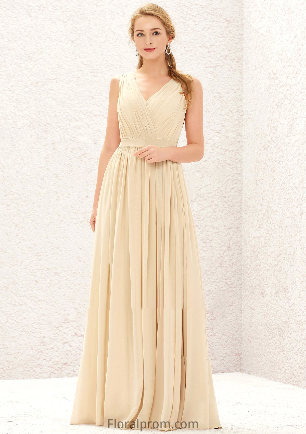 A-line V Neck Sleeveless Chiffon Long/Floor-Length Bridesmaid Dresses With Appliqued Sashes Pleated Evie HJP0025630