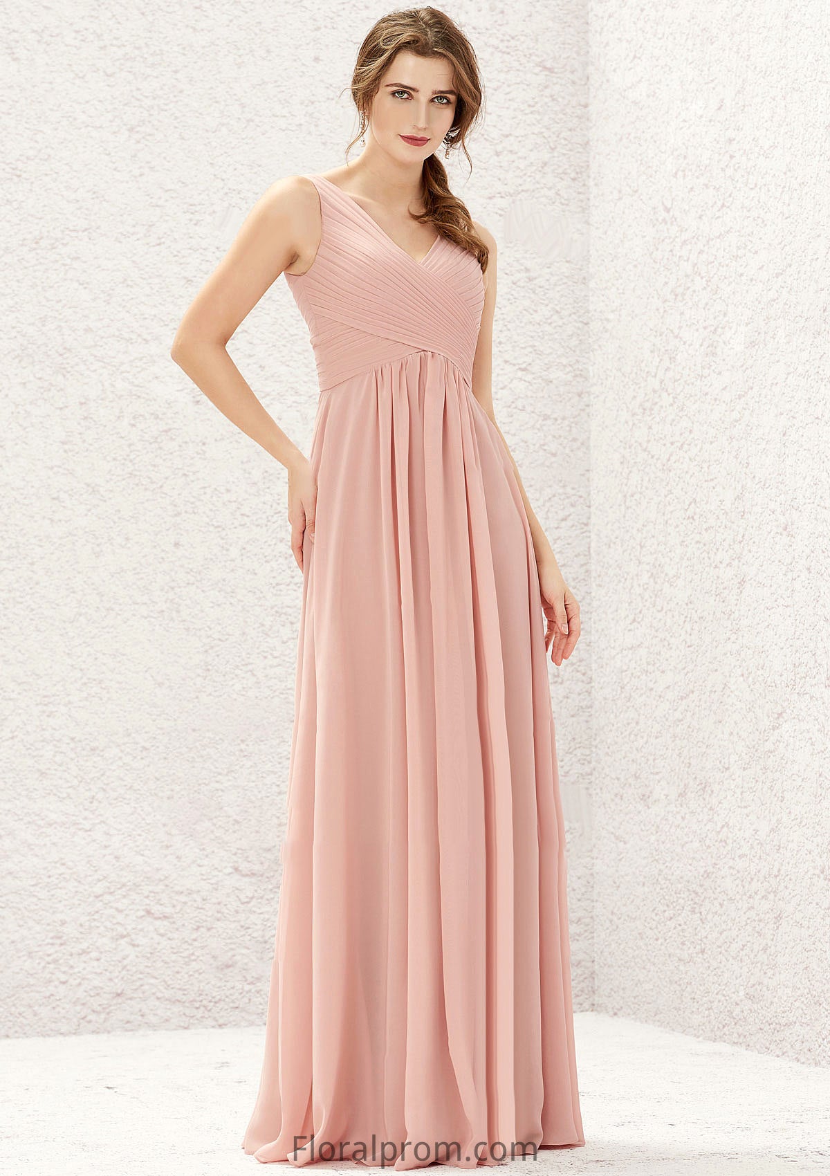 A-line V Neck Sleeveless Chiffon Long/Floor-Length Bridesmaid Dresses With Pleated Nadia HJP0025632