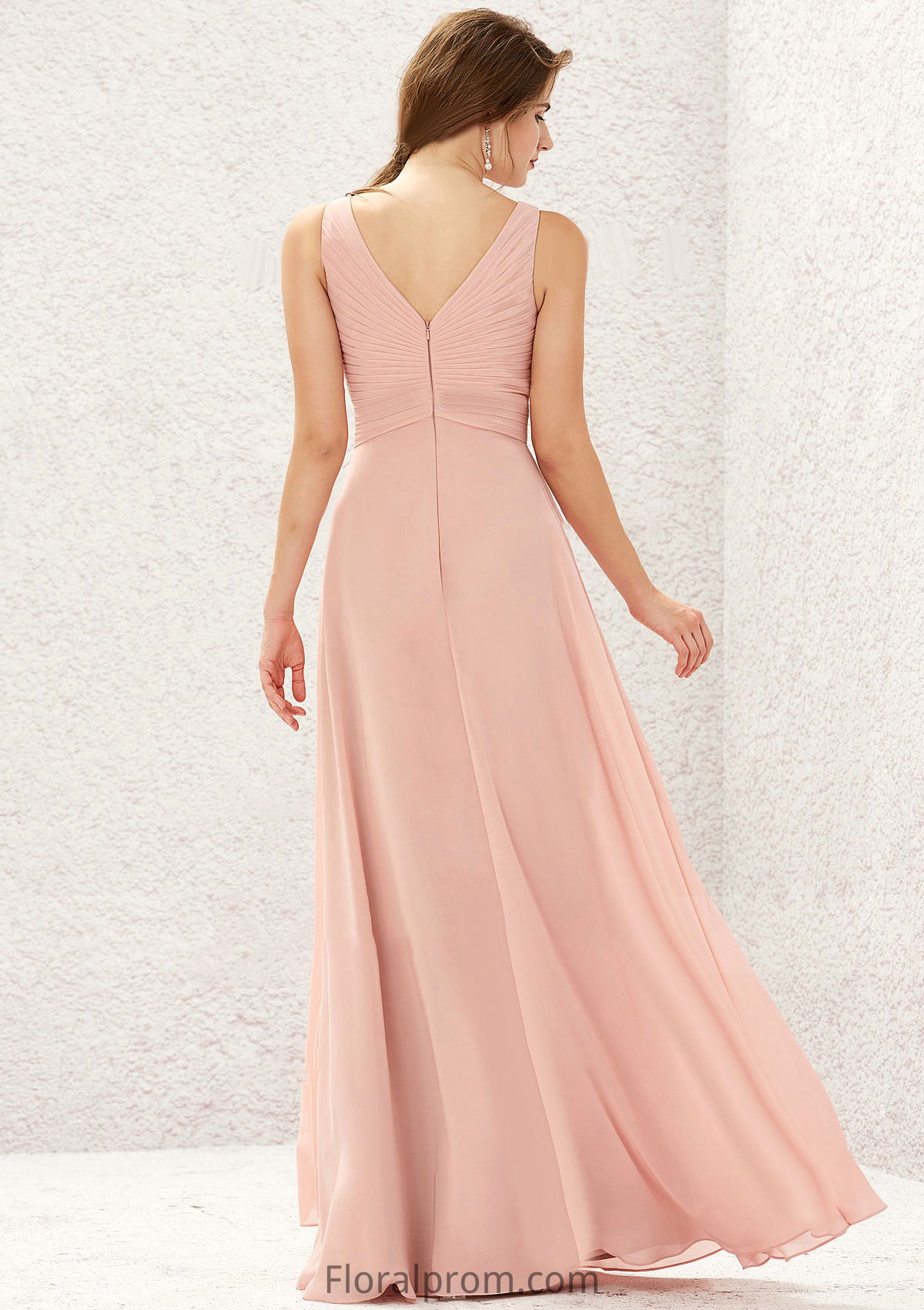 A-line V Neck Sleeveless Chiffon Long/Floor-Length Bridesmaid Dresses With Pleated Nadia HJP0025632