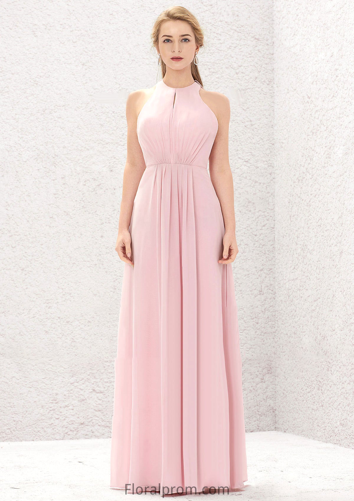 A-line Halter Sleeveless Chiffon Long/Floor-Length Bridesmaid Dresses With Pleated Jasmine HJP0025634