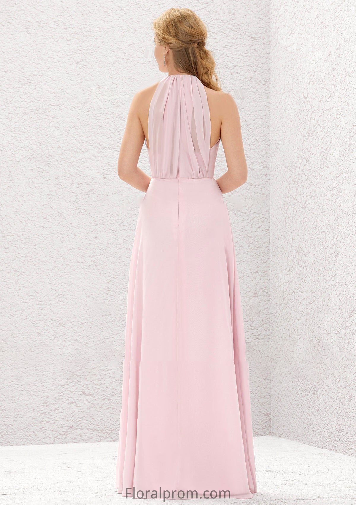 A-line Halter Sleeveless Chiffon Long/Floor-Length Bridesmaid Dresses With Pleated Jasmine HJP0025634