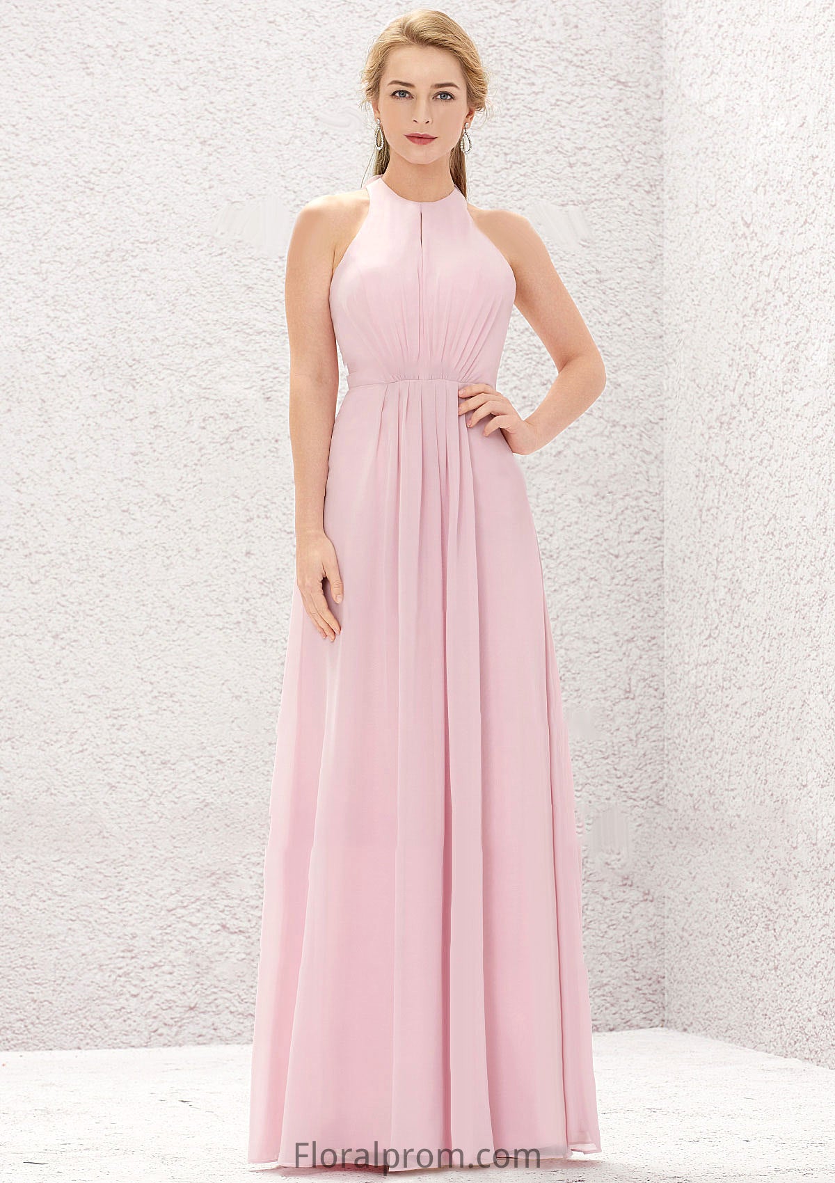 A-line Halter Sleeveless Chiffon Long/Floor-Length Bridesmaid Dresses With Pleated Jasmine HJP0025634