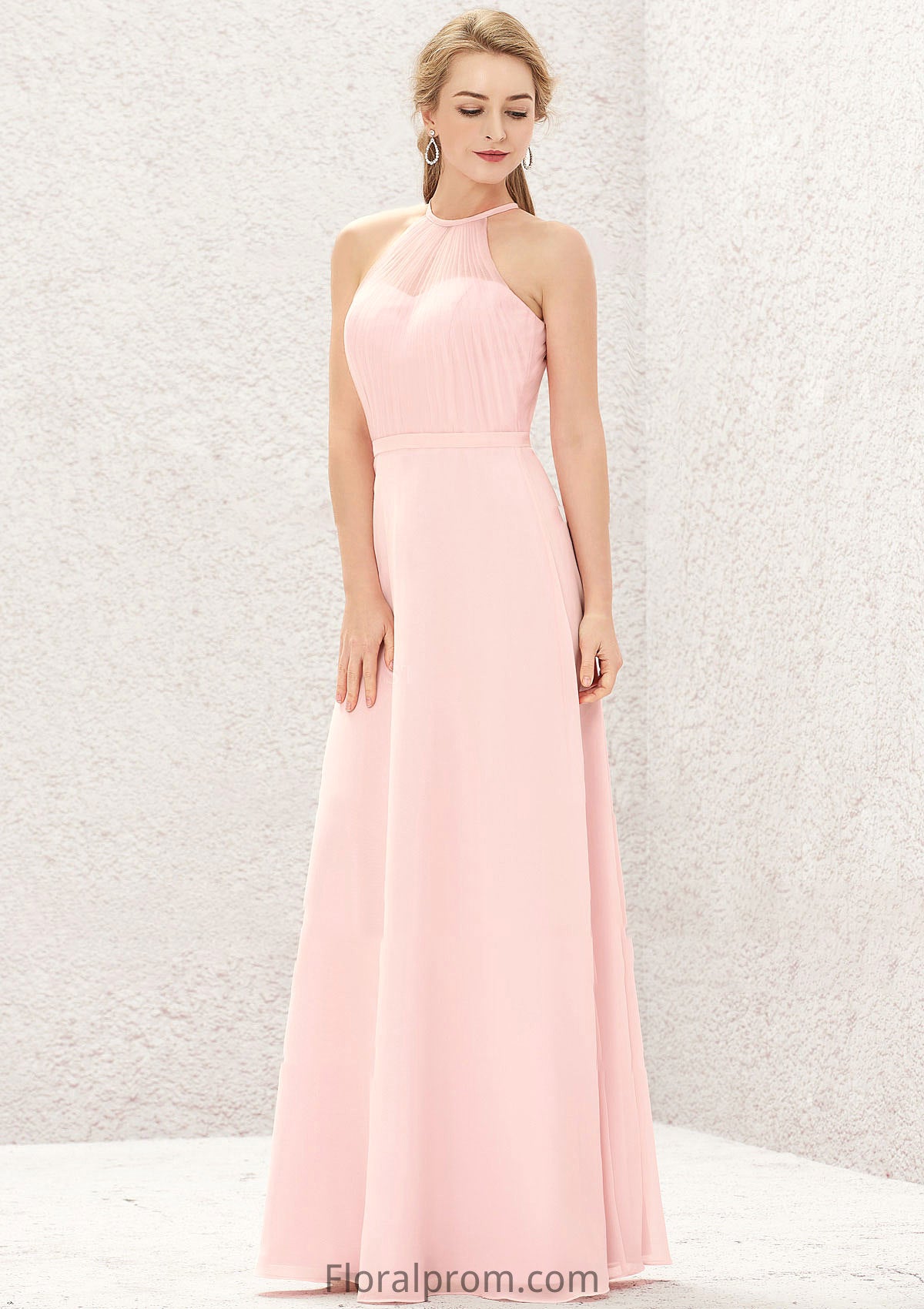 A-line Halter Sleeveless Chiffon Long/Floor-Length Bridesmaid Dresses Makayla HJP0025635