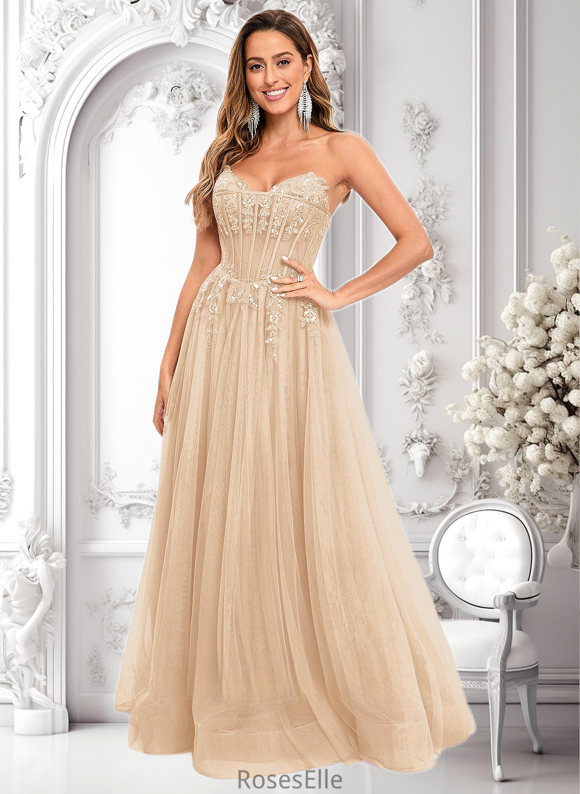 Mckenna Ball-Gown/Princess V-Neck Floor-Length Tulle Prom Dresses With Sequins Appliques Lace HJP0025837