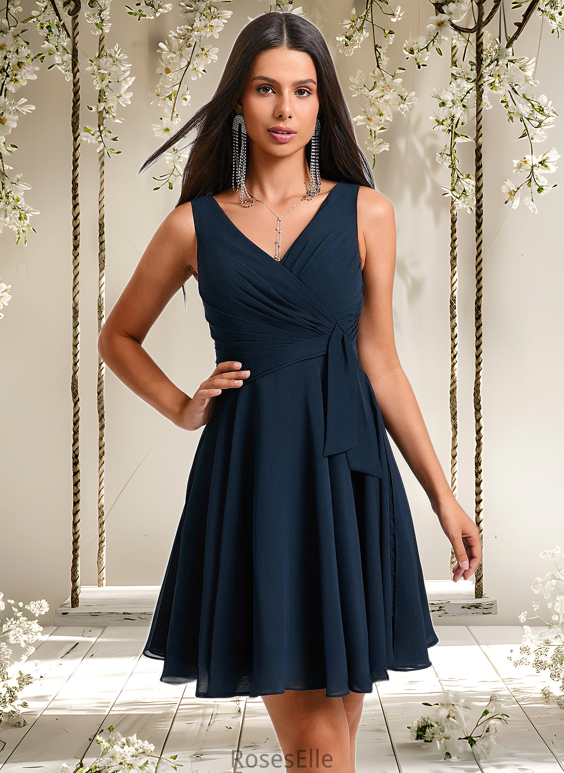 Mabel A-line V-Neck Short Chiffon Homecoming Dress With Pleated HJP0025644