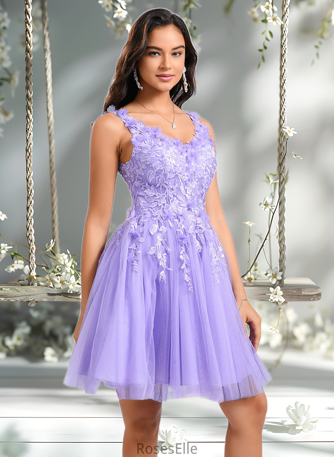 Payton Ball-Gown/Princess V-Neck Short Lace Tulle Homecoming Dress With Flower HJP0025656