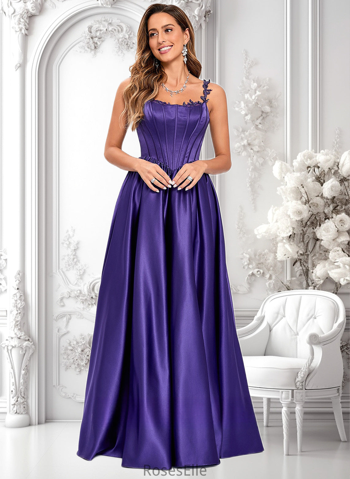 Lexi Ball-Gown/Princess Scoop Floor-Length Satin Prom Dresses With Appliques Lace Beading HJP0025865