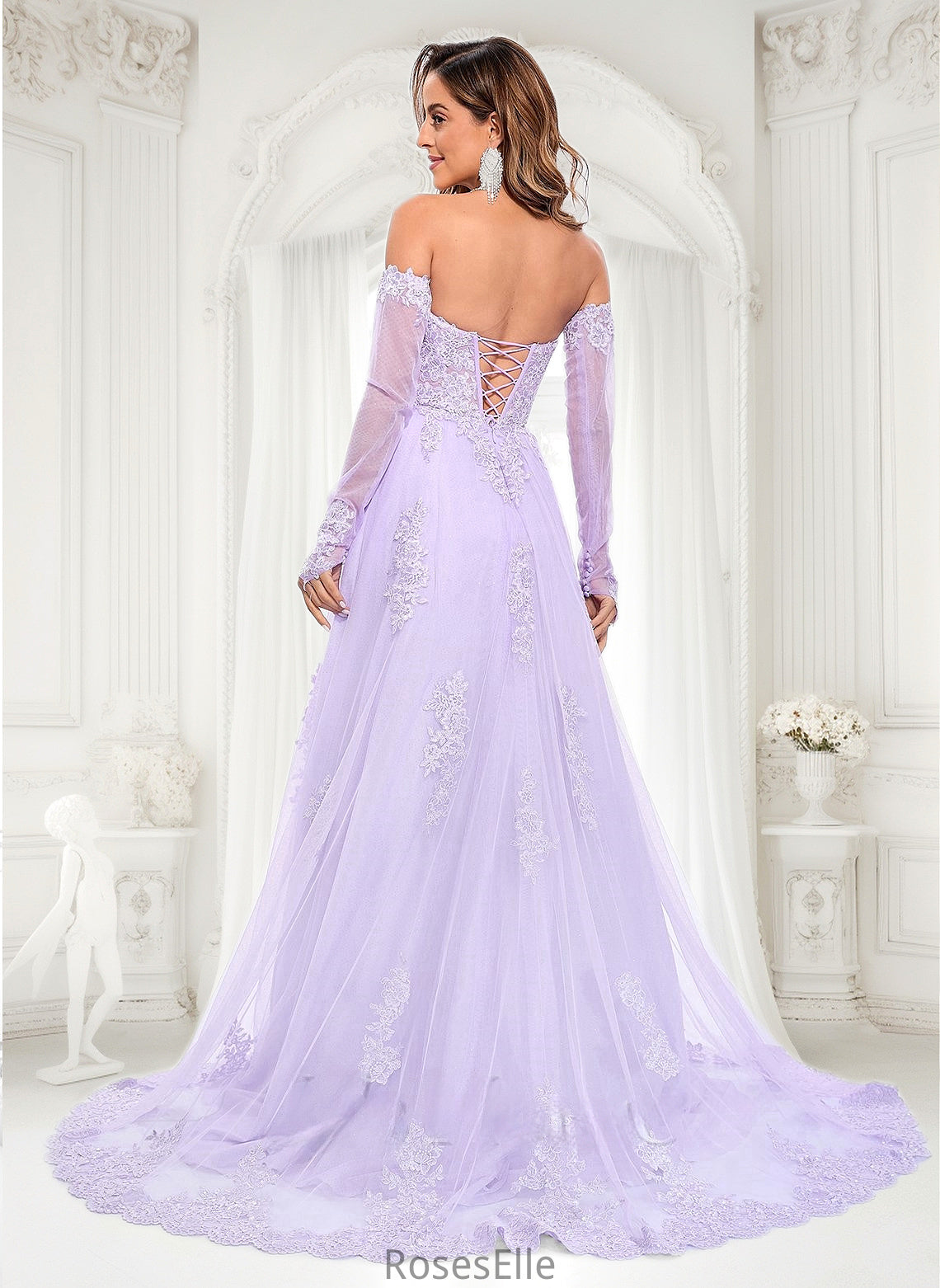 Brooke A-line Sweetheart Sweep Train Tulle Prom Dresses With Sequins Appliques Lace HJP0025856