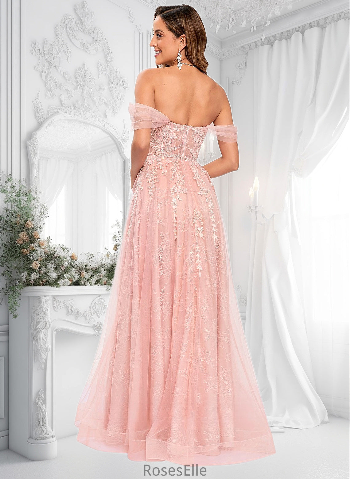 Bailee A-line Sweetheart Off the Shoulder Floor-Length Tulle Floral Lace Prom Dresses With Appliques Lace HJP0025870