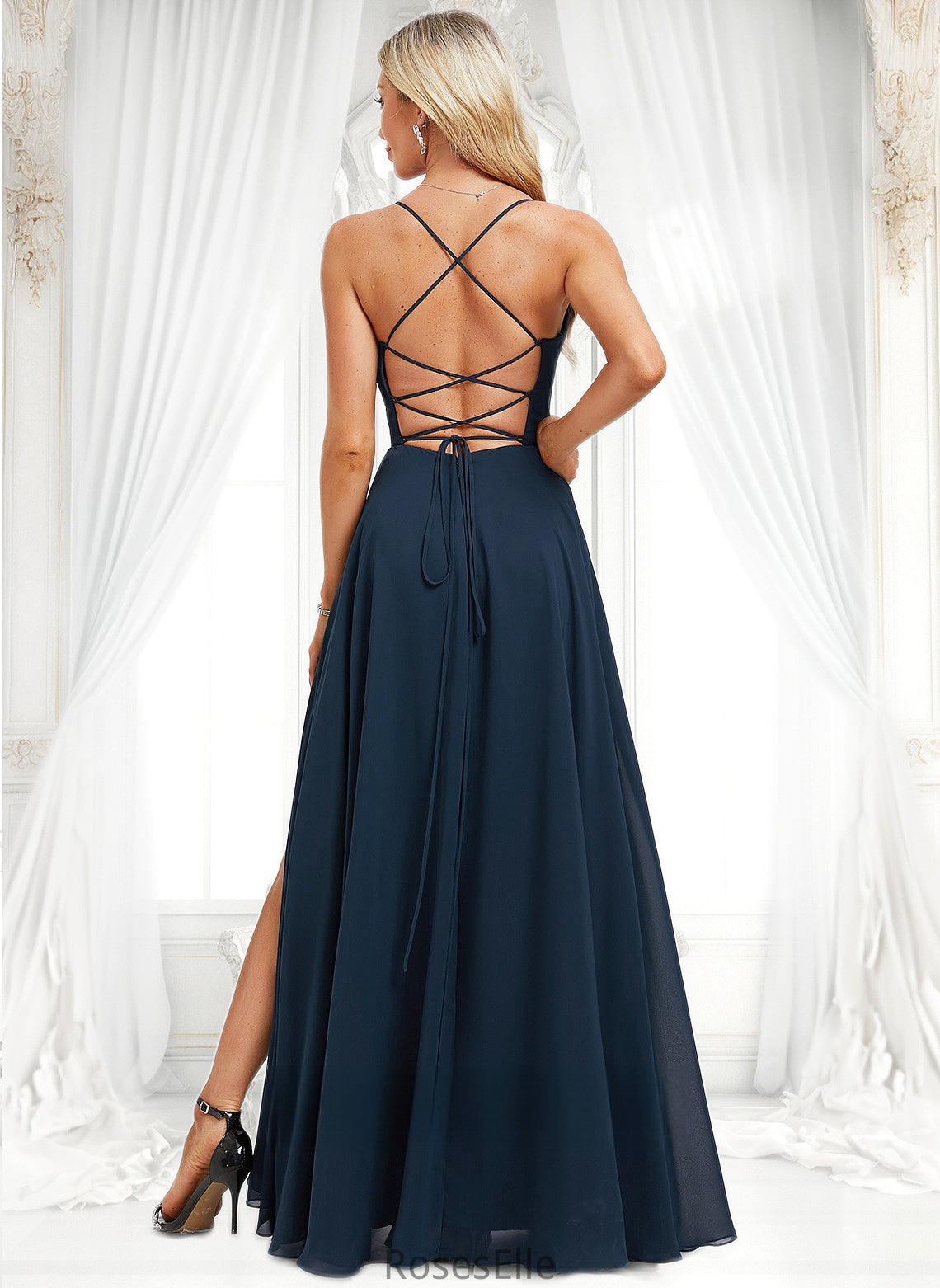 Kasey A-line V-Neck Floor-Length Chiffon Prom Dresses With Pleated HJP0025830