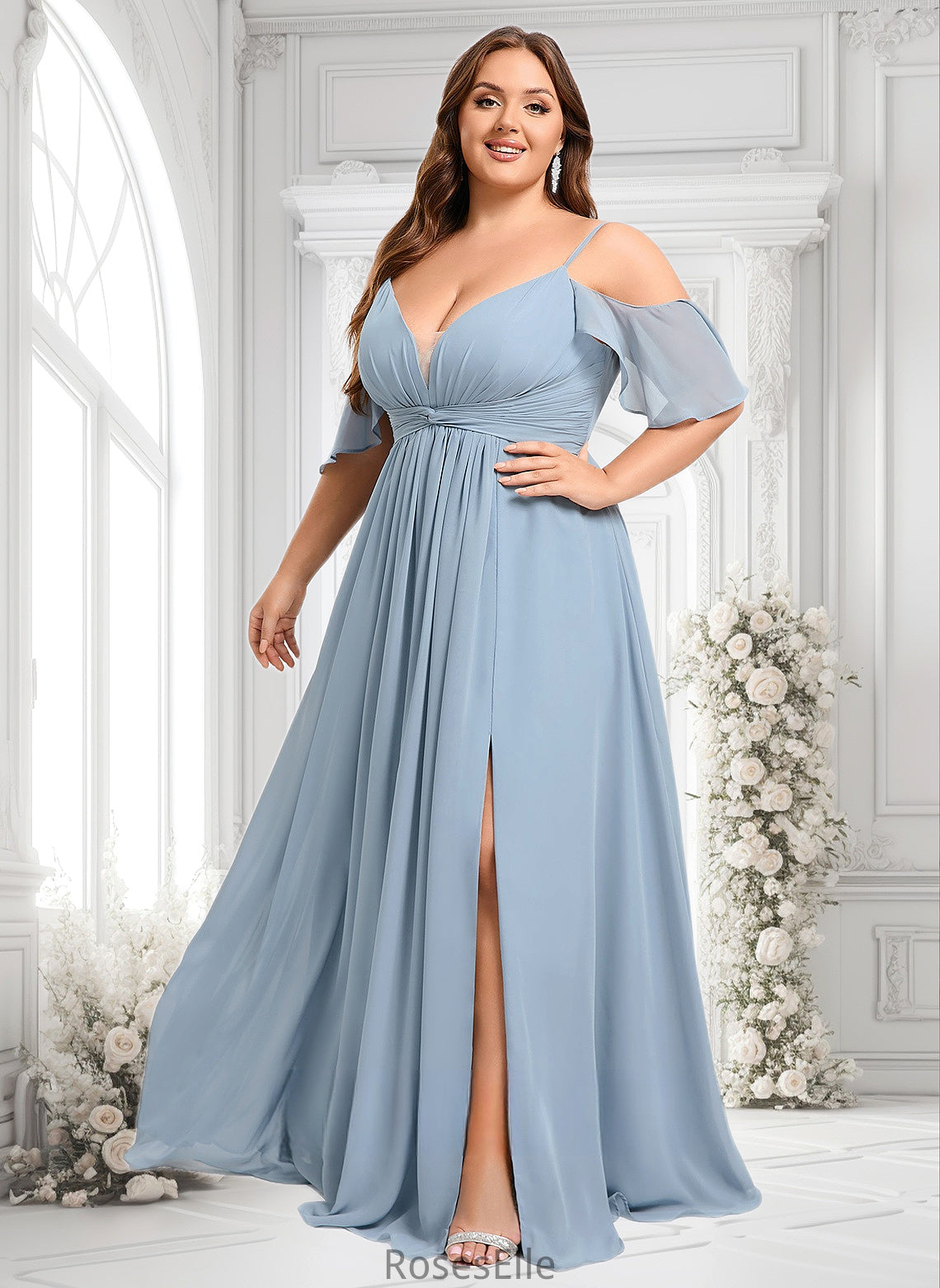 Aylin A-line Cold Shoulder Floor-Length Chiffon Bridesmaid Dress With Ruffle HJP0025797