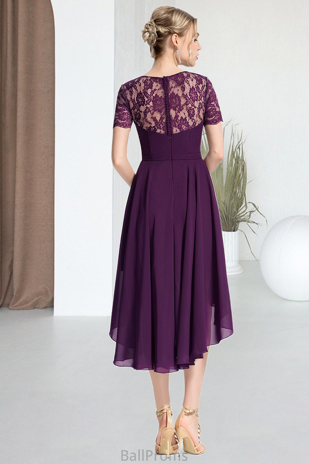 Macy A-line Scoop Asymmetrical Chiffon Lace Homecoming Dress HJP0020587