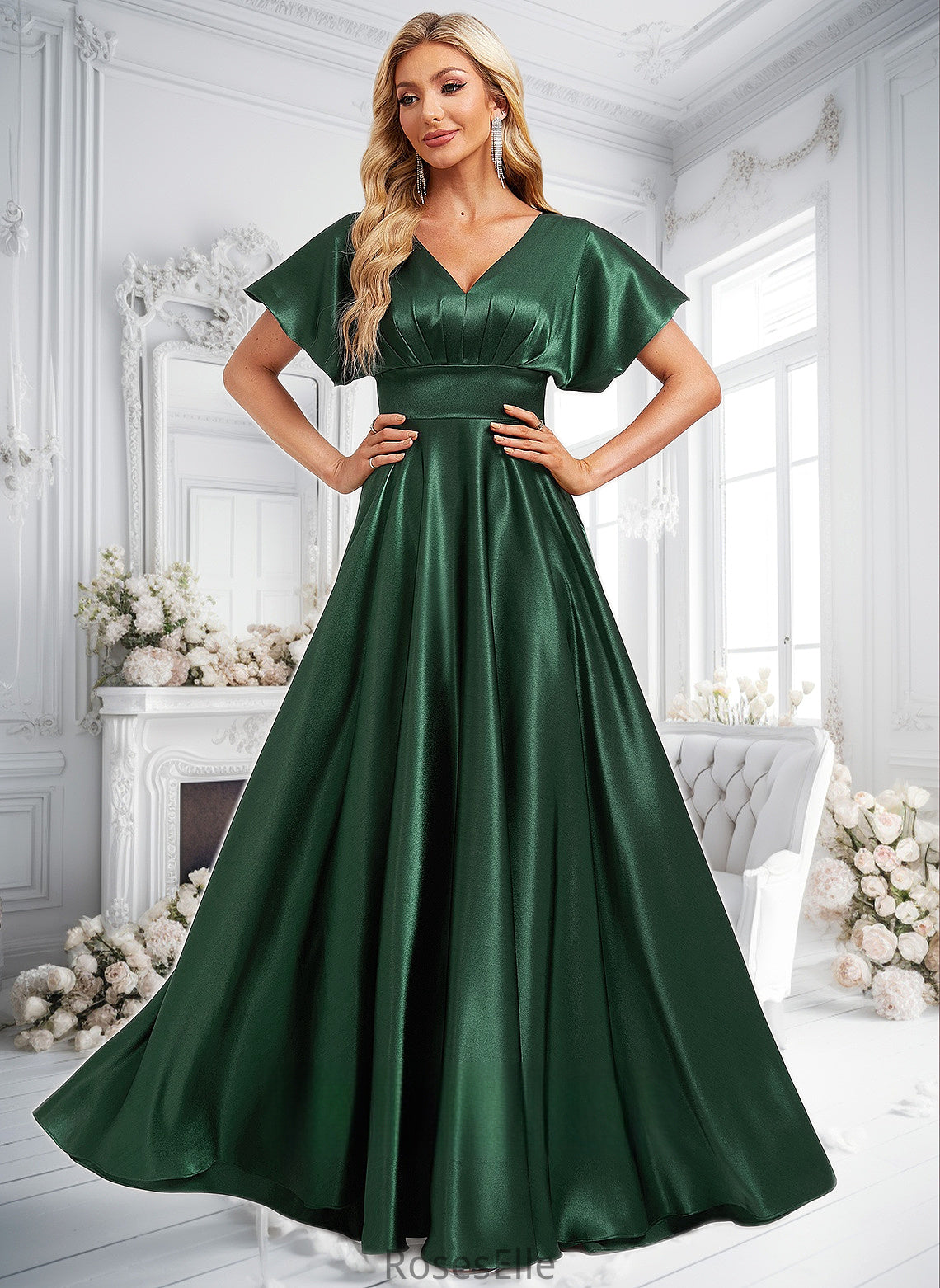 Izabella A-line V-Neck Floor-Length Stretch Satin Bridesmaid Dress HJP0025782