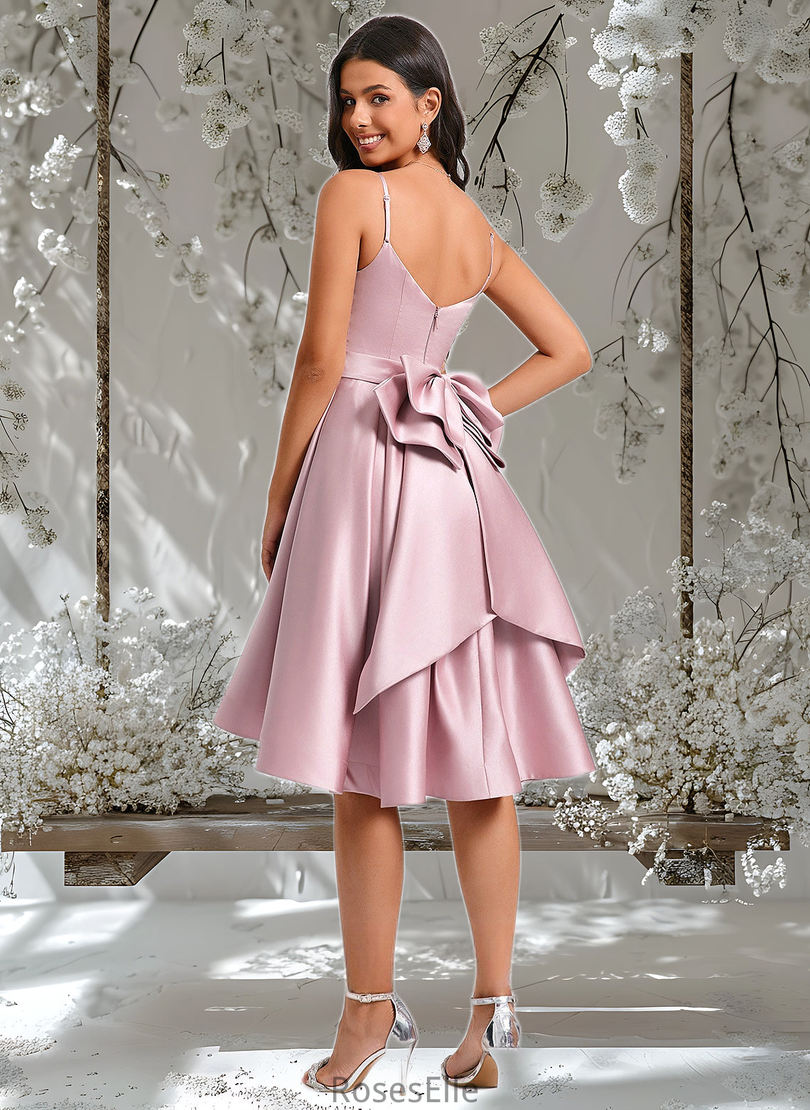 Asia A-line V-Neck Asymmetrical Satin Homecoming Dress With Bow Pleated HJP0025699