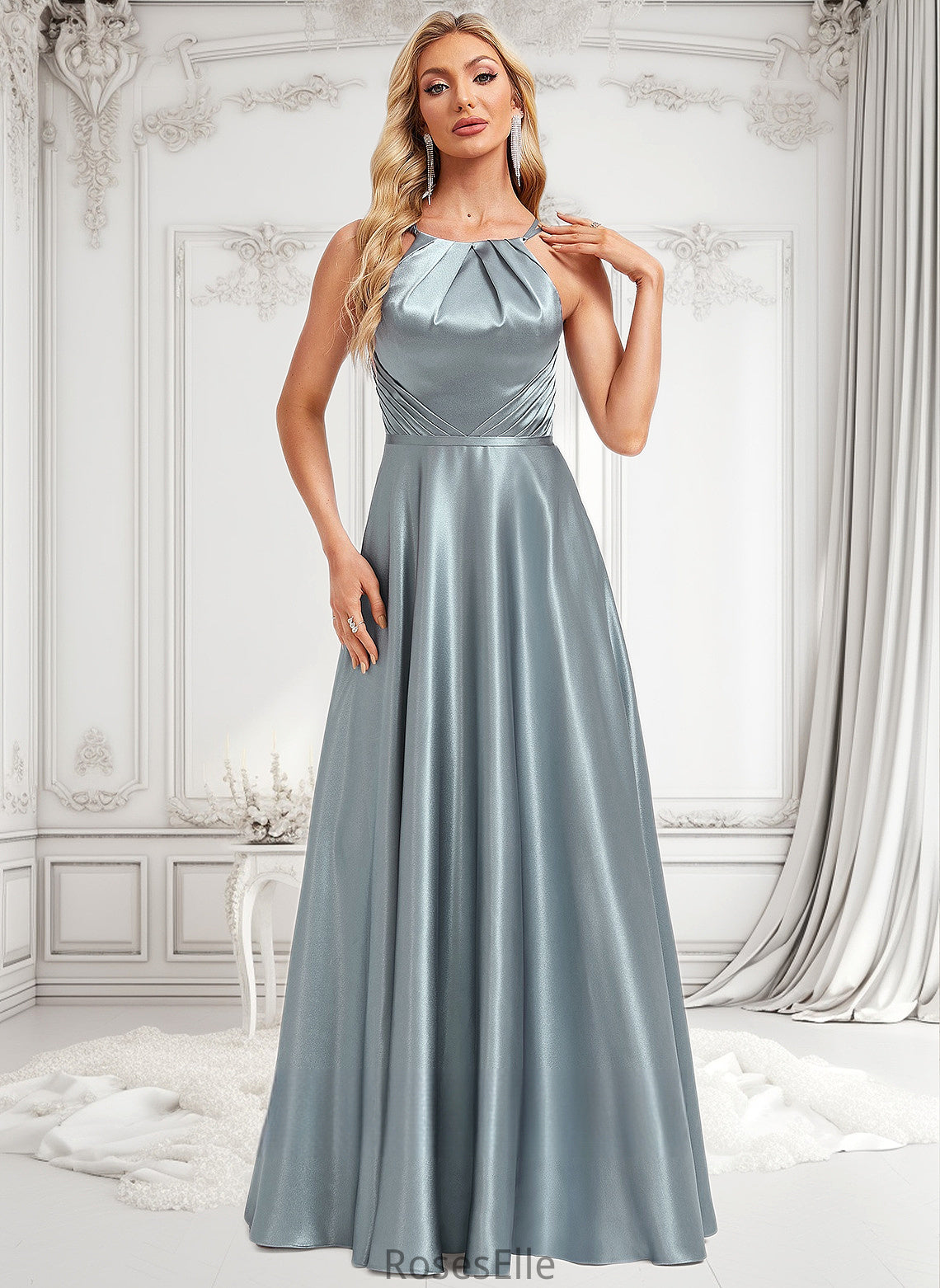 Sophia A-line Halter Floor-Length Stretch Satin Bridesmaid Dress HJP0025783