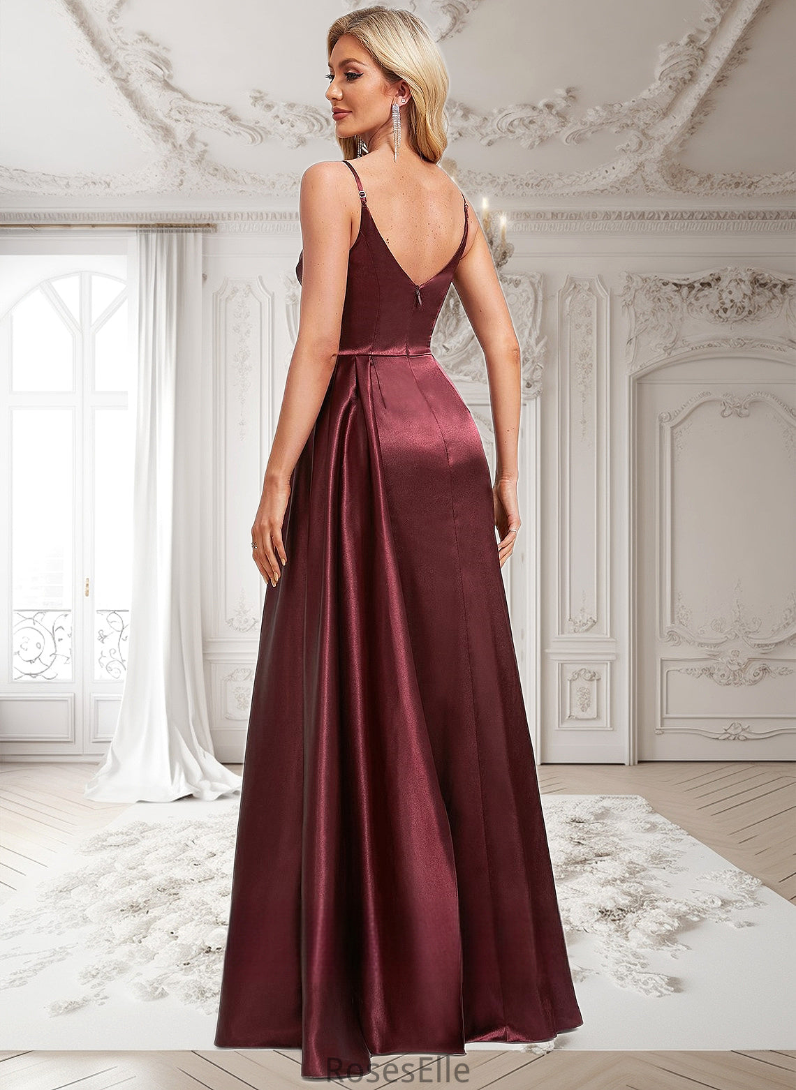 Kamila A-line V-Neck Floor-Length Stretch Satin Bridesmaid Dress With Ruffle HJP0025785