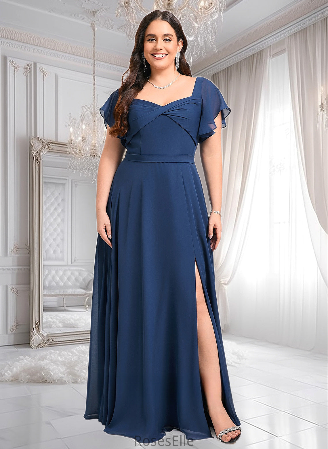 Nicky A-line V-Neck Floor-Length Chiffon Bridesmaid Dress With Ruffle HJP0025802